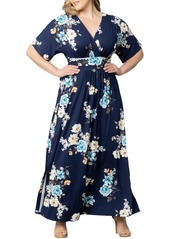 Kiyonna Plus Size Vienna Kimono Sleeve Long Maxi Dress - Teal floral print