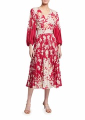 Kobi Halperin Ariella Floral Blouson-Sleeve Pleated Midi Dress