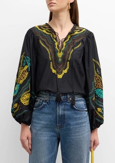 Kobi Halperin Kehlani Embroidered Blouson-Sleeve Blouse