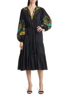 KOBI HALPERIN Embroidered Long Sleeve Tiered Cotton & Silk Dress