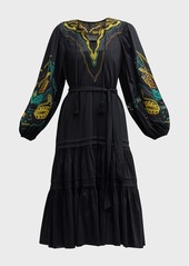 Kobi Halperin Val Embroidered Blouson-Sleeve Midi Dress