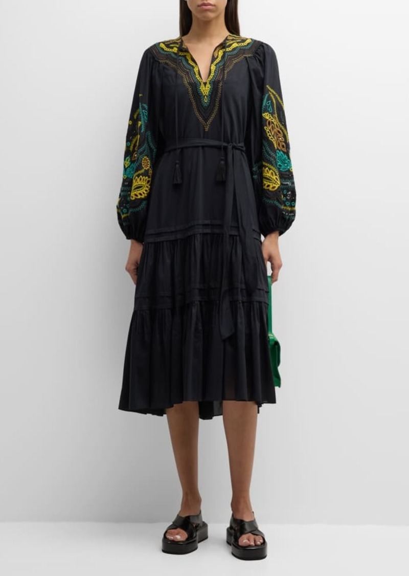 Kobi Halperin Val Embroidered Blouson-Sleeve Midi Dress