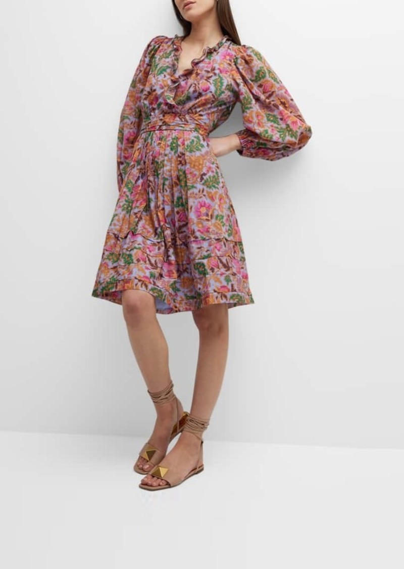 Kobi Halperin Vera Floral-Print Blouson-Sleeve Midi Dress