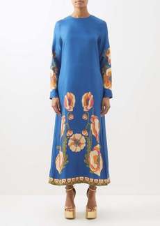 La DoubleJ - Poppy-print Silk-twill Dress - Womens - Blue Multi