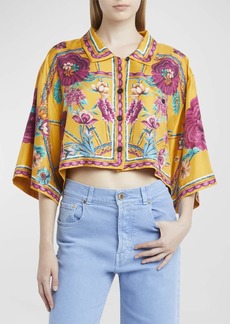 La Doublej Sunset Floral Place-Print Crop Silk Shirt