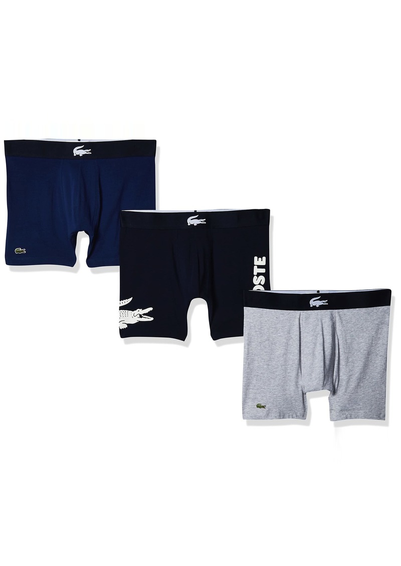 Lacoste Men's Iconic Fashion 3 Pack Cotton Stretch Boxer Briefs Navy Blue/White-Silver Chine-Methylene XL