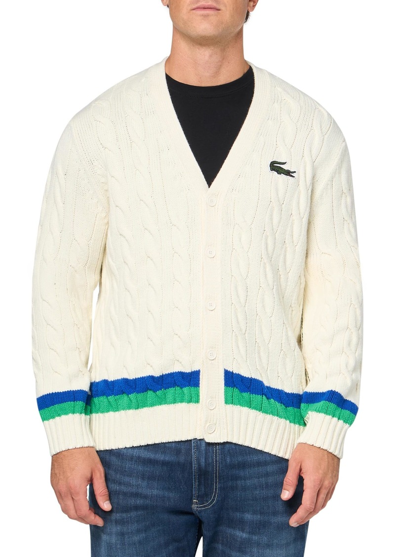 Lacoste Men's Long Sleeve Colorblock Neck Cable Knit Button Cardigan