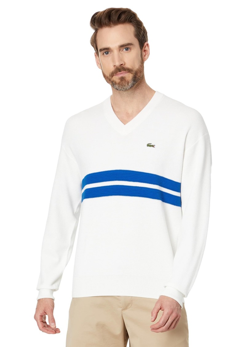Lacoste Men's Long Sleeve Relaxed FIT V Neck Sweater W/Stripes Flour/LADIGUE