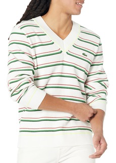 Lacoste Men's Multi-Color Tricot V-Neck Classic Fit Striped Sweater Flour/Flour-Multico