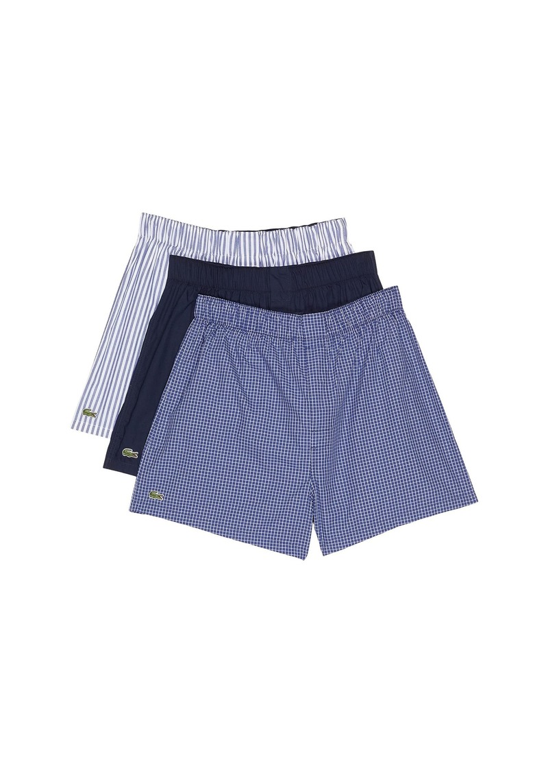 Lacoste Men's Striped 3 Pack Woven Boxers Navy Blue/White-Tropical Blue S