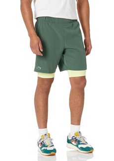 Lacoste Men’s Two-Tone Sport Shorts with Built-in Undershorts Sequoia/LIMEIRA