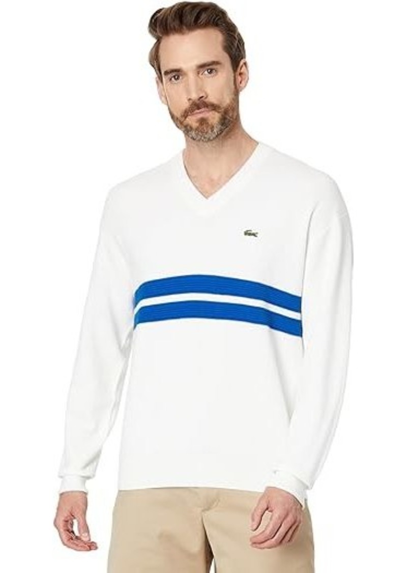 Lacoste Long Sleeve Relaxed Fit V-Neck Sweater with Stripes