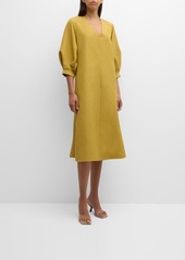 Lafayette 148 Blouson-Sleeve Silk-Linen Midi Dress