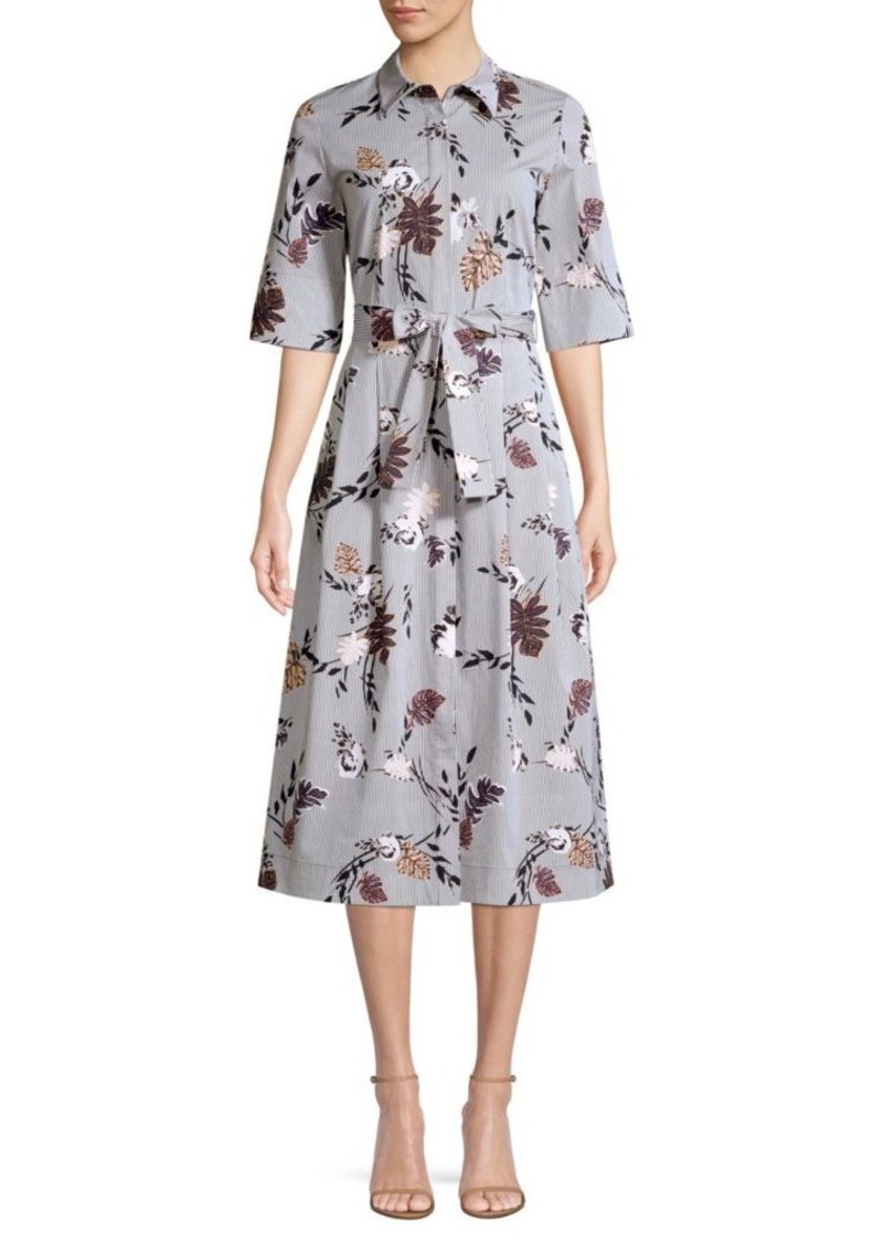 Eleni Stripe Floral Print A-Line Shirt Dress