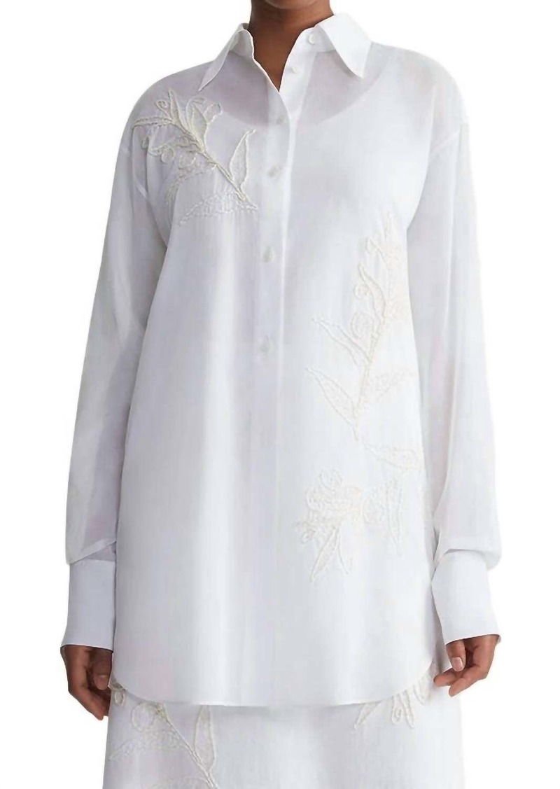 Lafayette 148 Embroidered Flora Cotton Voile Oversized Shirt In White