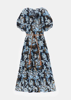 Lafayette 148 Floral Frost Print Silk Pleated Neckline Tiered Dress