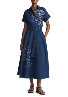 Lafayette 148 New York Floral Embroidered Belted Cotton Poplin Shirtdress