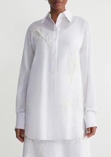 Lafayette 148 New York Floral Embroidered Oversize Cotton Button-Up Shirt