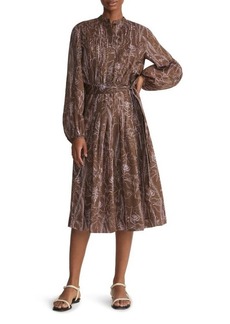 Lafayette 148 New York Floral Print Pleated Long Sleeve Gemma Cloth Voile Midi Dress