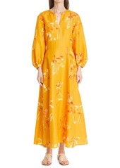 Lafayette 148 New York Leona Oasis Print Long Sleeve Silk Linen Midi Dress in Tuscan Orange Multi at Nordstrom