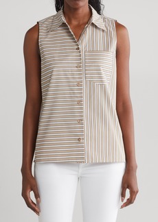 Lafayette 148 New York Stripe Sleeveless Cotton Button-Up Shirt in Oat Multi at Nordstrom Rack