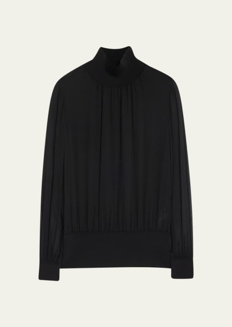 Lafayette 148 New York Turtleneck Blouson-Sleeve Silk Georgette Blouse