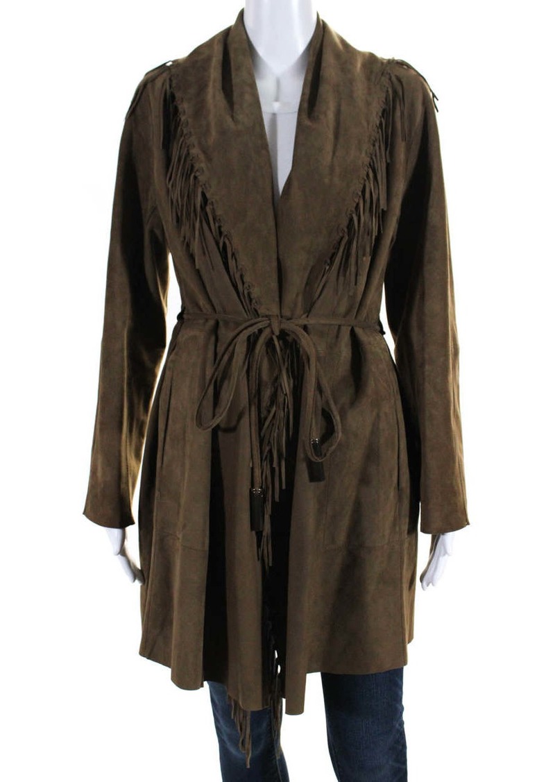 Lafayette 148 New York Womens Suede Fringe Hem Open Front Overcoat Brown