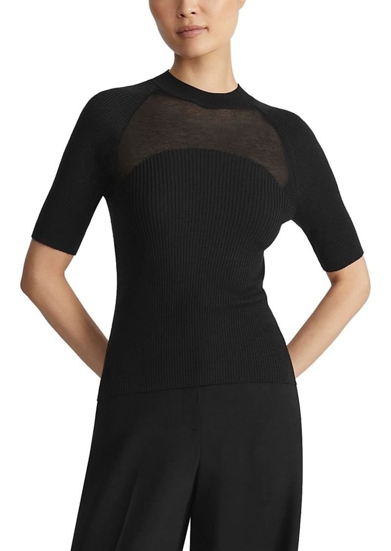 Lafayette 148 New York Wool Silk Ribbed Sheer Yoke Sweater