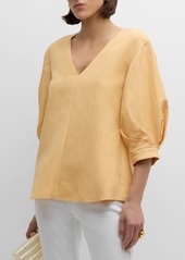 Lafayette 148 Pleated Blouson-Sleeve Silk-Linen Blouse