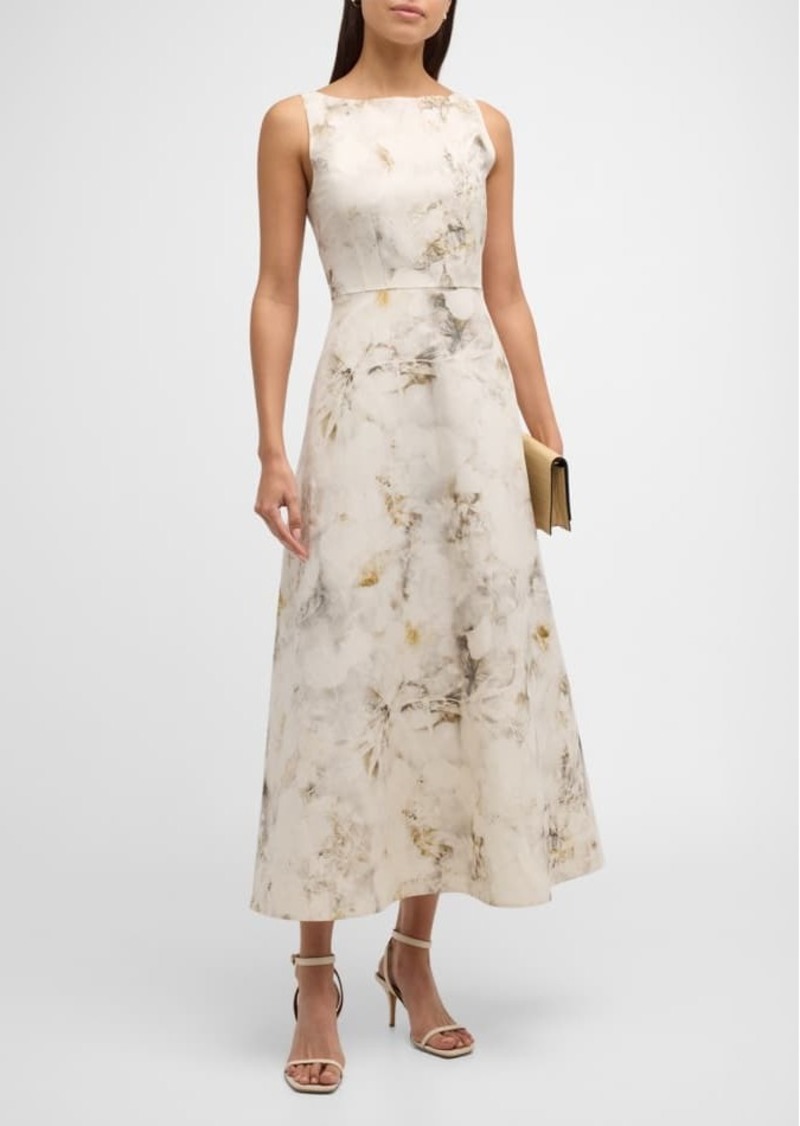 Lafayette 148 Sleeveless Leaf-Print Silk-Linen Midi Dress