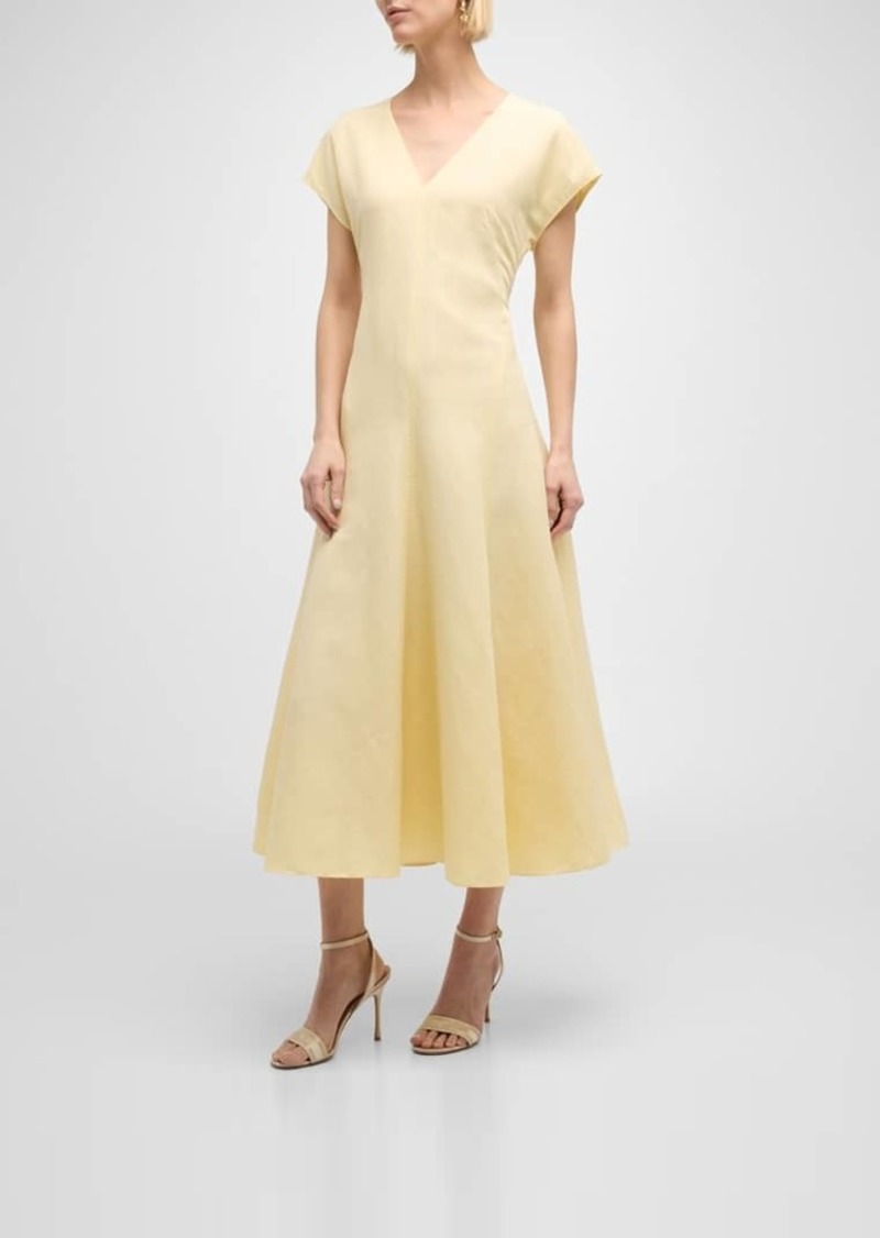 Lafayette 148 V-Neck A-Line Silk-Linen Midi Dress