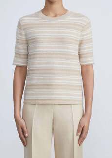 Lafayette 148 Voile Stripe Jacquard Fringed Sweater In Dune