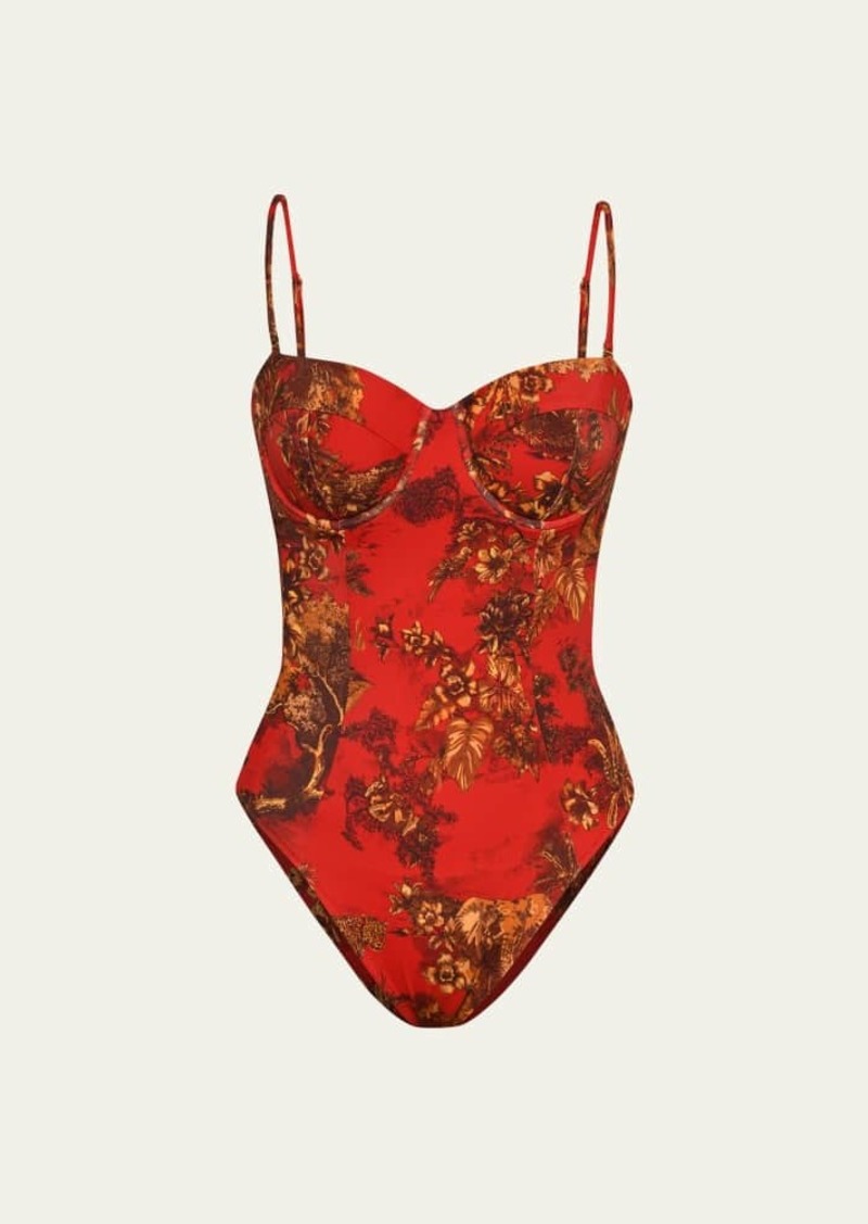 L'Agence Amie Red Jungle Underwire Bandeau One-Piece Swimsuit