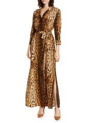 L'AGENCE Cameron Leopard Print Silk Maxi Shirtdress in Hickory/Black at Nordstrom