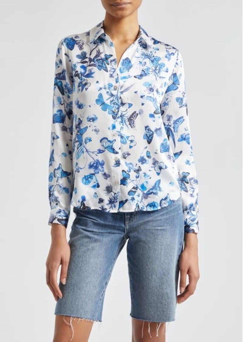 L'AGENCE Tyler Floral Butterfly Print Silk Button-Up Shirt