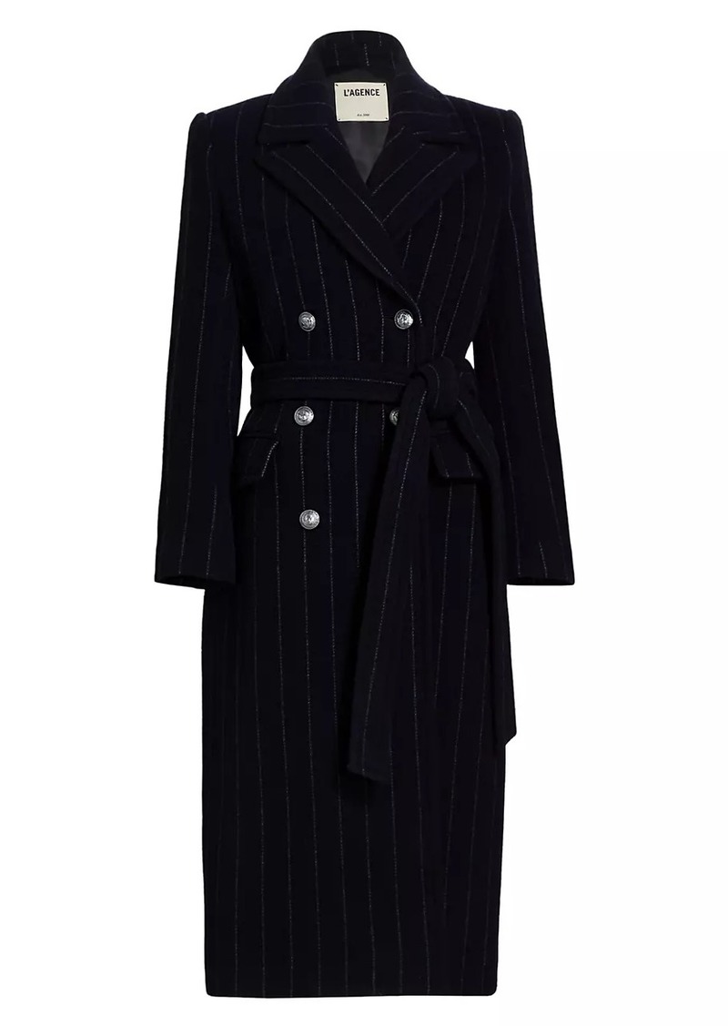 L'Agence Olina Pinstripe Wool-Blend Belted Coat