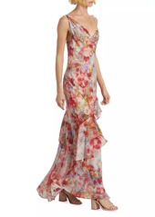 L'Agence Viola Asymmetric Cowlneck Floral Silk Gown