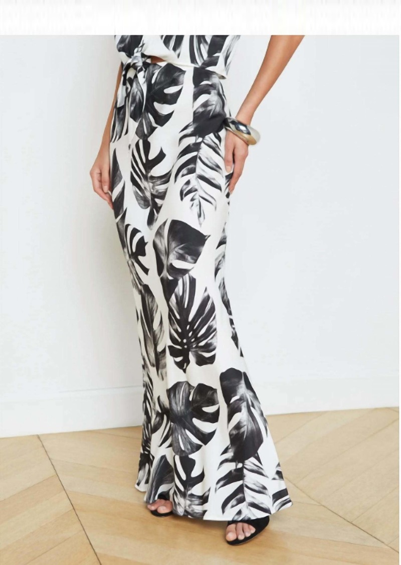 L'Agence Zeta Long Skirt In Black And White Plam Print