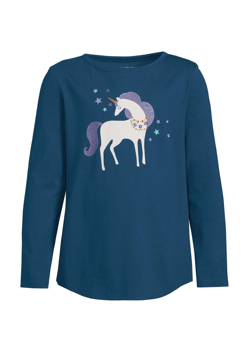 Lands' End Girls Child Long Sleeve Curved Hem Graphic Tee - Unicorn and stars