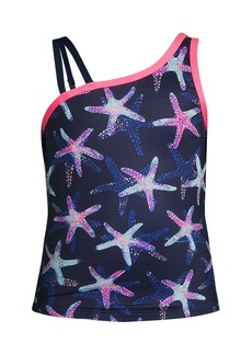 Lands' End Girls Chlorine Resistant One Shoulder with Strap Tankini Top Swimsuit - Deep sea navy/pink starfish