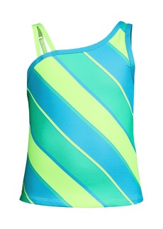 Lands' End Girls Chlorine Resistant One Shoulder with Strap Tankini Top Swimsuit - Lime jade/turquoise stripe