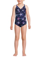 Lands' End Girls Chlorine Resistant Twist Front One Piece Swimsuit Upf Dress Coverup Set - Deep sea navy fun shells