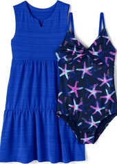 Lands' End Girls Chlorine Resistant Twist Front One Piece Swimsuit Upf Dress Coverup Set - Deep sea navy fun shells