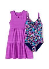 Lands' End Girls Chlorine Resistant Twist Front One Piece Swimsuit Upf Dress Coverup Set - Deep sea navy fun shells