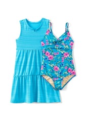 Lands' End Girls Chlorine Resistant Twist Front One Piece Swimsuit Upf Dress Coverup Set - Turquoise rosella floral