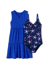 Lands' End Girls Chlorine Resistant Twist Front One Piece Swimsuit Upf Dress Coverup Set - Deep sea navy fun shells