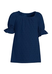 Lands' End Girls Short Sleeve Eyelet Ruffle Sleeve Top - Teal shadow