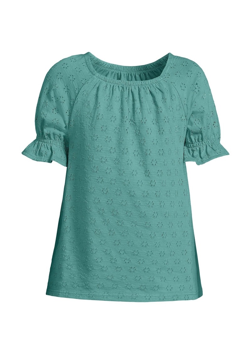 Lands' End Girls Short Sleeve Eyelet Ruffle Sleeve Top - Teal shadow