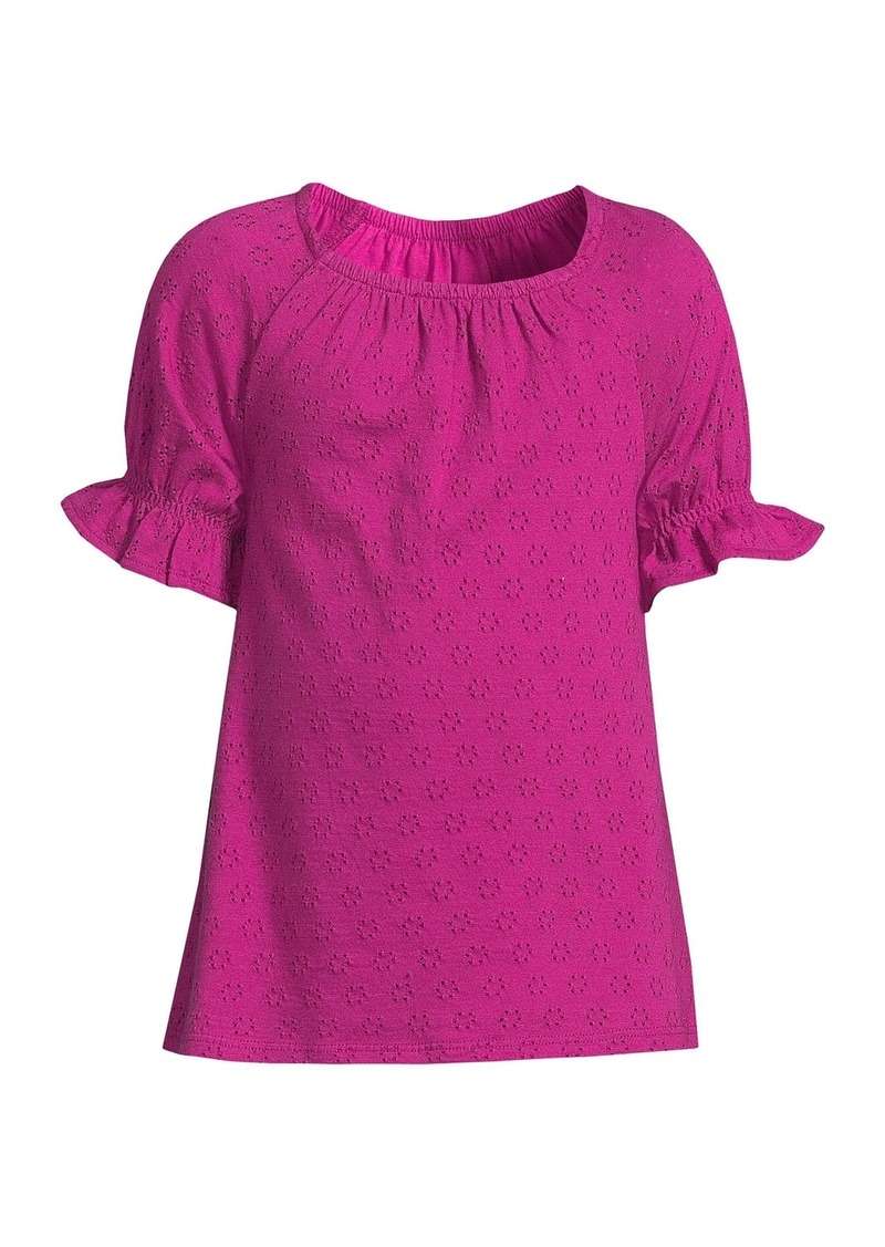 Lands' End Girls Short Sleeve Eyelet Ruffle Sleeve Top - Magenta berry