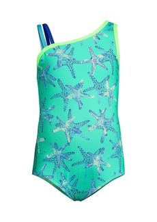 Lands' End Girls Slim Chlorine Resistant One Shoulder Cut Out One Piece Swimsuit - Electric blue/aqua starfish
